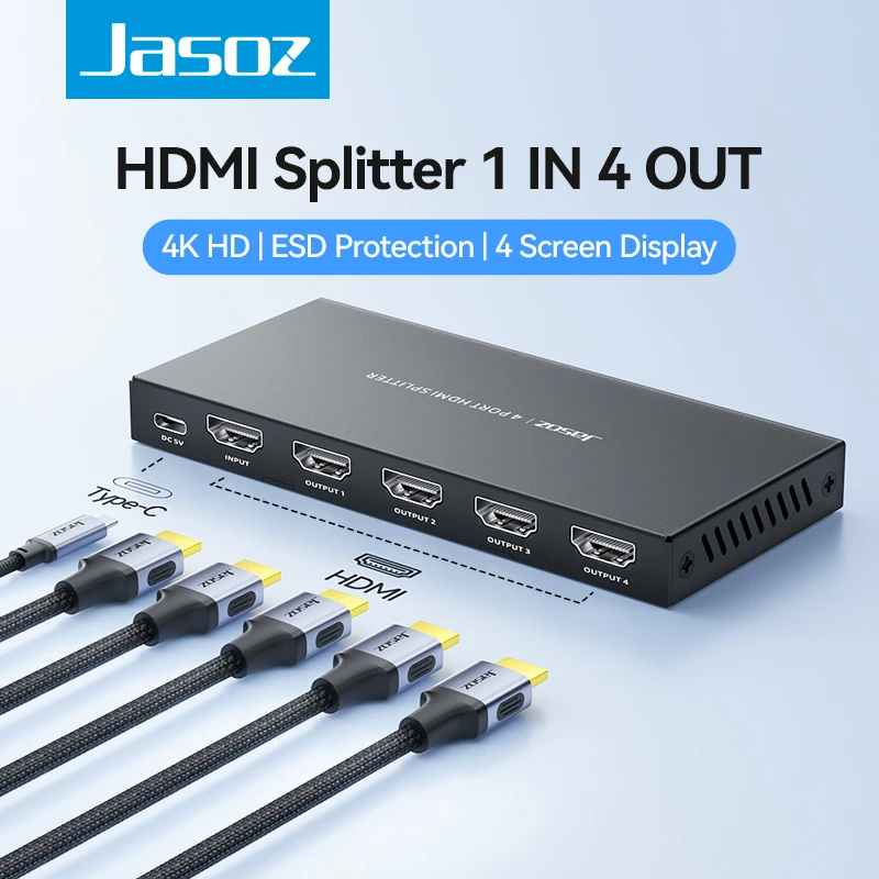 Bộ chia HDMI Jasoz T-G177 1 vào 4 ra với cổng nguồn Type-C và 4 cổng HDMI output