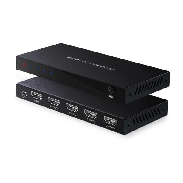 Bộ chia HDMI 1 ra 4 Jasoz T-G177 với cổng Input Output 1-4 và nút Reset