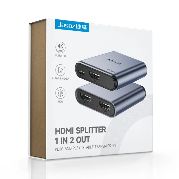 Vỏ hộp chính hãng bộ chia HDMI Jasoz T-G176 4K 30Hz HDR 1 vào 2 ra