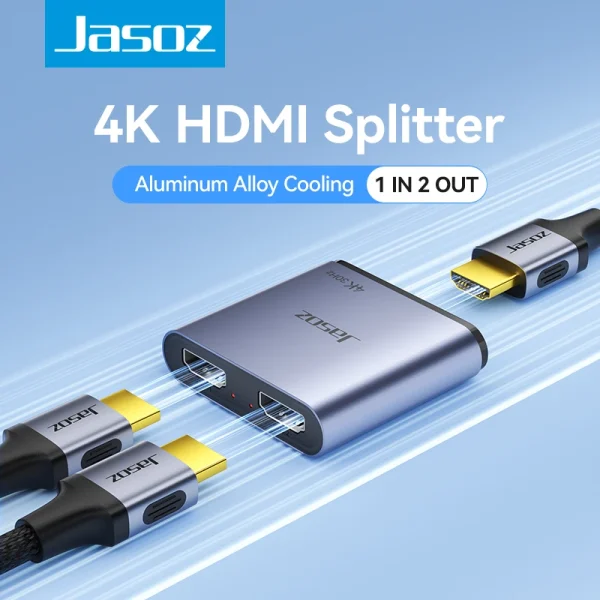 Bộ chia HDMI Jasoz T-G176 4K 1 vào 2 ra, thân nhôm tản nhiệt, kết nối 3 cáp HDMI