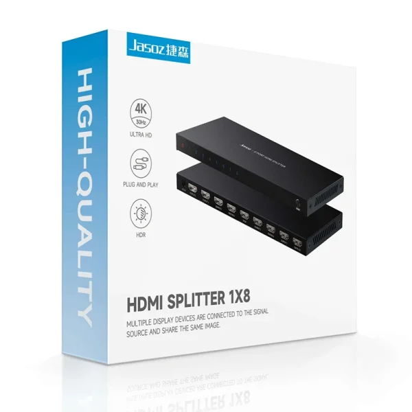 Vỏ hộp chính hãng HDMI Splitter 1x8 Jasoz T-G178 4K 30Hz HDR Plug and Play