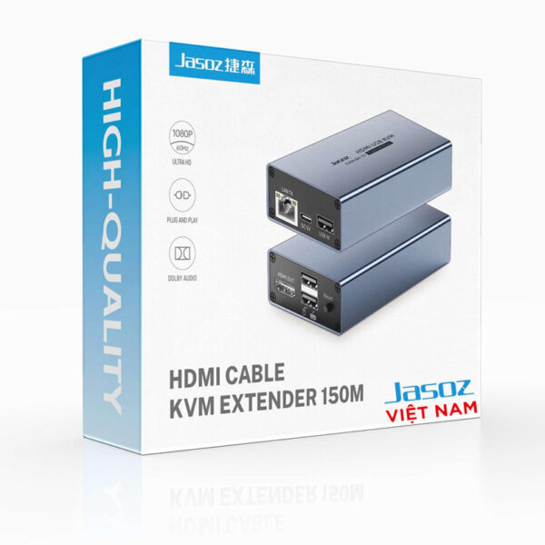 Bộ Kéo Dài HDMI Qua Dây Mạng 150M Có Cổng USB KVM Jasoz T-G183 1 Hộp sản phẩm Bộ Kéo Dài HDMI Qua Dây Mạng 150M Jasoz T-G183 hỗ trợ USB KVM, độ phân giải Full HD 1080p, thiết kế cao cấp