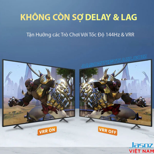 Cáp HDMI 2.1 Hỗ Trợ 8K@60Hz , 4K@120Hz, 2K@144Hz Jasoz A122 7 Cáp HDMI 2.1 Jasoz A122 hỗ trợ VRR 144Hz – giảm độ trễ Delay & Lag – SKU T-A235 1.5M, T-A236 2M, T-A237 3M, T-A267 5M, T-A324 10M – truyền tải 8K@60Hz, 4K@120Hz, HDR, Dolby Vision, eARC