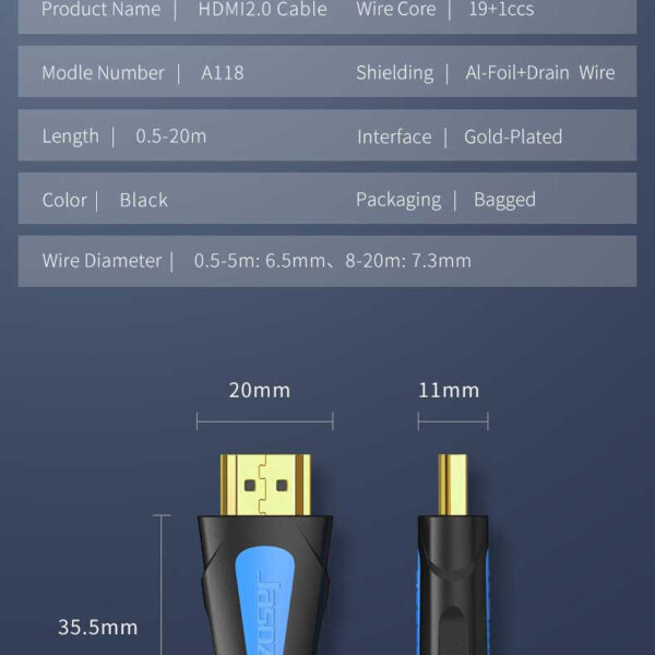 Thông số kỹ thuật Cáp HDMI 2.0 Jasoz A118, đầu mạ vàng, vỏ PVC, chiều dài 0.5m đến 20m