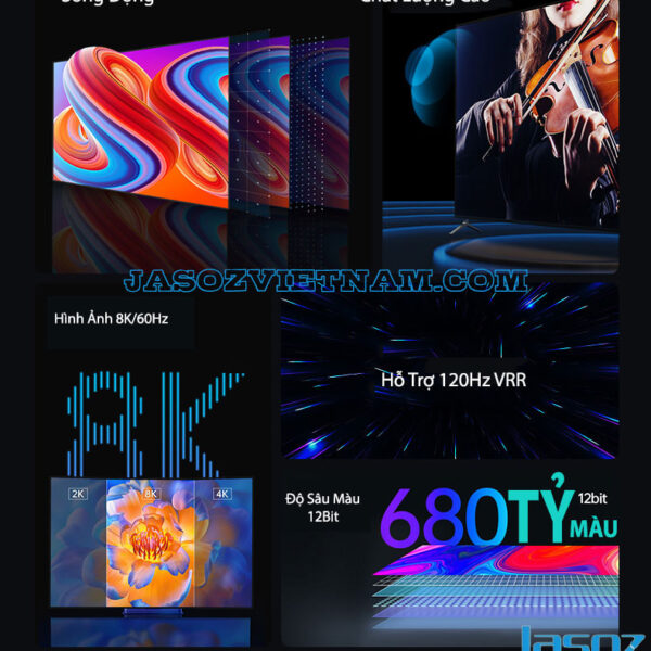 Tổng hợp tính năng cáp HDMI 2.1 sợi quang Jasoz A133: HDR, eARC, 8K/60Hz, 120Hz VRR, 12Bit màu