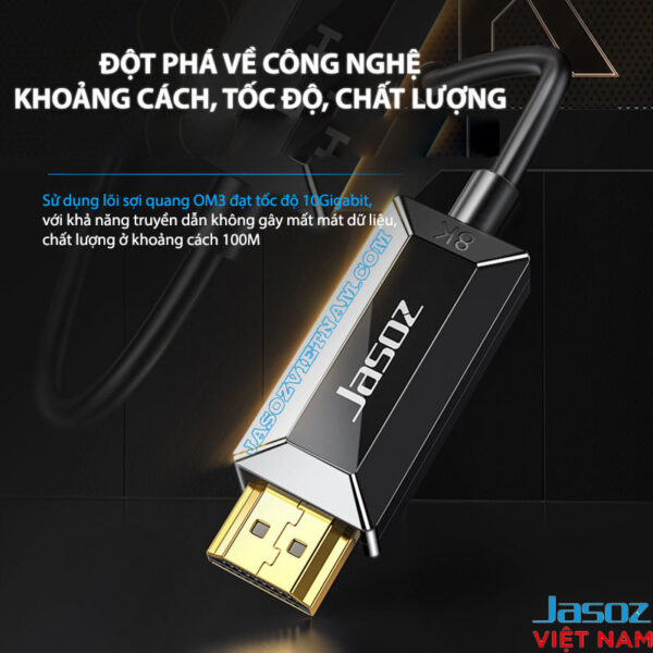 Cáp HDMI 2.1 sợi quang Jasoz A133 – lõi sợi quang OM3 tốc độ 10Gigabit, truyền không suy hao ở khoảng cách 100m, hỗ trợ 8K 60Hz và 4K 120Hz