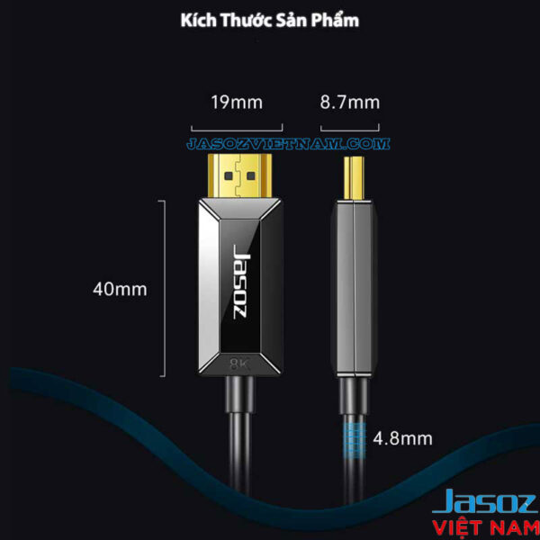 Kích thước cáp HDMI 8K Jasoz A133 – Đầu HDMI 19mm, Micro HDMI 8.7mm, dây 4.8mm