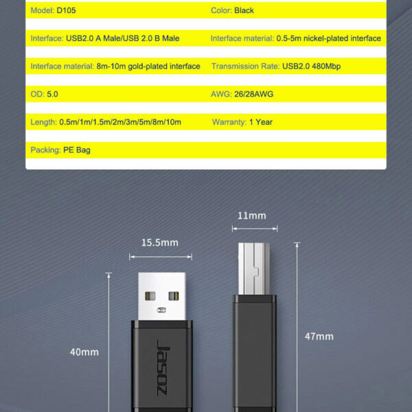 Thông số kỹ thuật cáp máy in USB 2.0 Jasoz D105 chuẩn AM-BM tốc độ 480Mbps