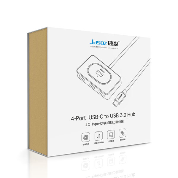 Bộ Chia Cổng USB-C Sang 4 Cổng USB 3.0 Jasoz F113 9 Hub USB-C Jasoz F113 – T-F132 0.3m, T-F143 1m, T-F135 1.5m – Chia 4 cổng USB 3.0 tốc độ 5Gbps, chipset GL3510, hỗ trợ HDD 18TB