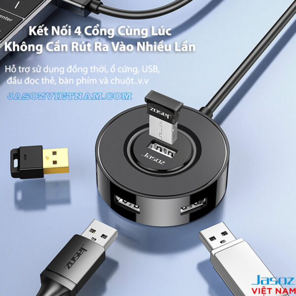 Bộ Chia USB Type C Sang 4 Cổng USB 2.0 Jasoz F111 1 Hub USB sang 4 cổng USB Jasoz cho phép kết nối đồng thời ổ cứng, USB, đầu đọc thẻ, bàn phím và chuột mà không cần rút ra vào nhiều lần