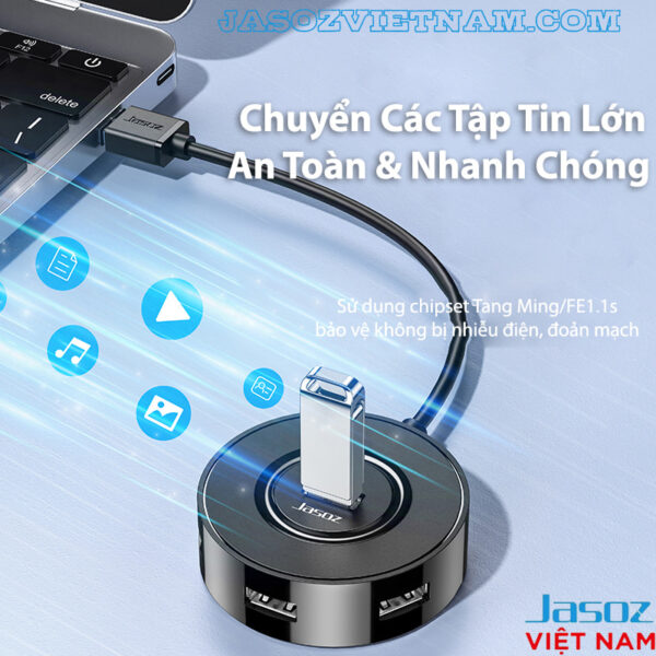 Bộ Chia USB Type C Sang 4 Cổng USB 2.0 Jasoz F111 3 Hub USB Jasoz sang 4 cổng USB 2.0 hỗ trợ truyền tập tin dung lượng lớn nhanh chóng và an toàn với chipset Tăng Ming/FE1.1s chống nhiễu điện, bảo vệ đoản mạch