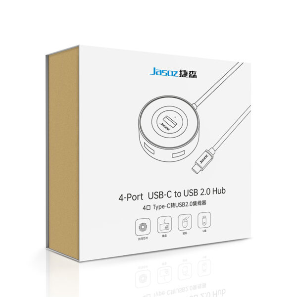 Bộ Chia USB Type C Sang 4 Cổng USB 2.0 Jasoz F111 9 Hộp sản phẩm Jasoz F111 – Bộ chia USB-C sang 4 cổng USB 2.0, dùng chung cho SKU T-F128, T-F140, T-F131