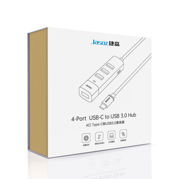 Hộp sản phẩm Jasoz F117 – Bộ chuyển USB-C sang 4 cổng USB 3.0 (SKU T-F154 0.3M, T-F156 1M, T-F158 1.5M), tốc độ 5Gbps, chipset GL3510, có nguồn phụ DC5V