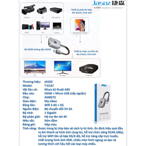 Bộ Phát HDMI Không Dây 4K@30Hz Băng Tần Kép 5Ghz + 2.4Ghz Jasoz T-G167 2 Bộ Phát HDMI Không Dây 4K Jasoz T-G167