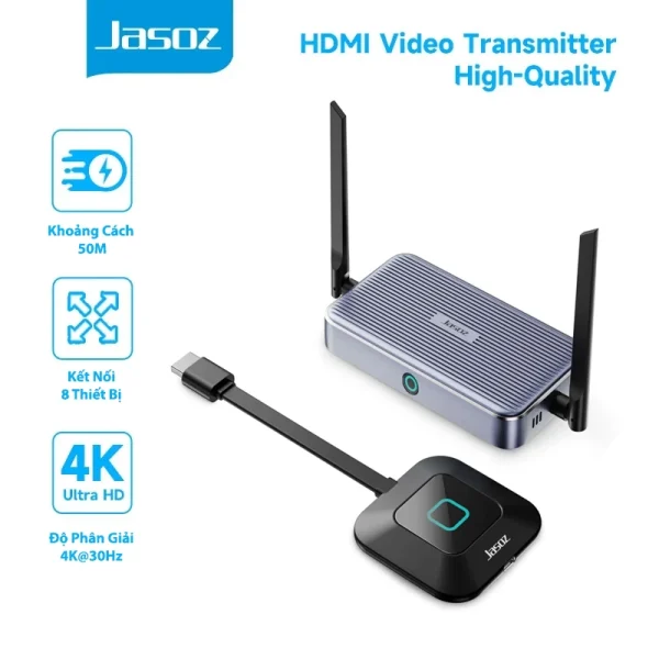 Bộ Truyền HDMI Không Dây 4K Khoảng Cách 50M Jasoz T-G168 ( Hỗ Trợ 8 Thiết Bị Phát - 1 Thiết Bị Nhận ) 1 Bộ Truyền HDMI Không Dây 4K Jasoz T-G168 – Truyền tín hiệu 50M, kết nối 8 thiết bị, hỗ trợ độ phân giải 4K@30Hz