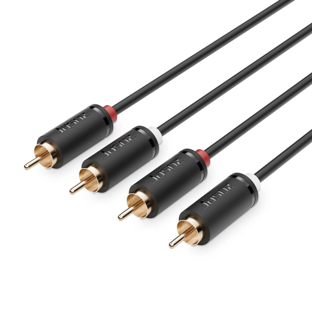 Cáp AV RCA 2 đầu hoa sen mạ vàng Jasoz C105 – 2RCA ↔ 2RCA stereo L/R – Dây đồng mạ thiếc 28AWG OD 3.5mm, vỏ PVC – SKU T-C150 1.5M, T-C151 2M, T-C152 3M, T-C153 5M