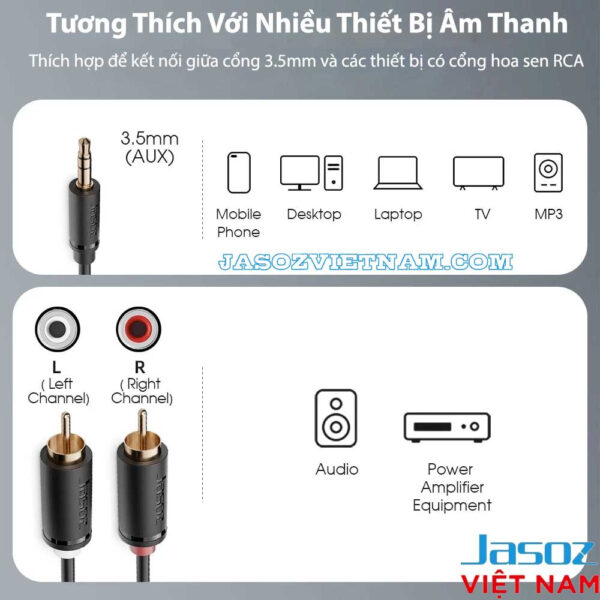 Cáp chuyển Audio 3.5mm sang 2 RCA Jasoz C104 - Tương thích nhiều thiết bị âm thanh (điện thoại, PC, laptop, TV, MP3) - Stereo L/R - Jack mạ vàng - SKU T-C139, T-C141, T-C142, T-C144, T-C146
