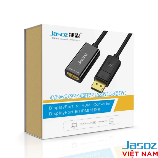 Cáp Chuyển Displayport Sang HDMI 4K Jasoz T-G106 3 Hộp sản phẩm cáp Displayport to HDMI Jasoz T-G106 hỗ trợ 4K