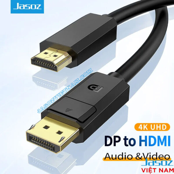 Cáp Chuyển Displayport Sang HDMI Hỗ Trợ 4K@30Hz Jasoz A121 ( Không Chuyển Ngược Lại ) 1 Cáp chuyển Displayport sang HDMI Jasoz A121 hỗ trợ 4K@30Hz – Chipset TI149 USA – Đầu cáp mạ vàng – Dây OD 7.3mm – SKU T-A381 1M, T-A230 1.5M, T-A231 2M, T-A232 3M, T-A233 5M