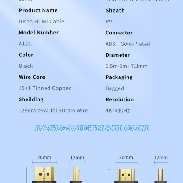 Cáp Chuyển Displayport Sang HDMI Hỗ Trợ 4K@30Hz Jasoz A121 ( Không Chuyển Ngược Lại ) 8 Thông số kỹ thuật cáp chuyển Displayport sang HDMI Jasoz A121 – Hỗ trợ 4K@30Hz, Chip TI149, lõi đồng 19+1, đầu cáp mạ vàng
