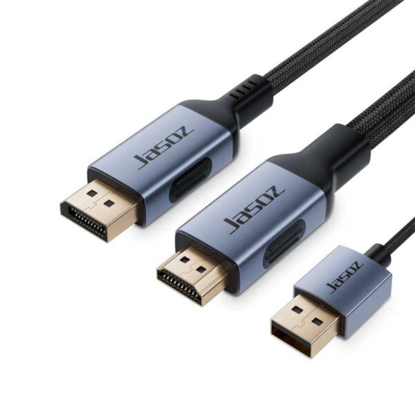 Cáp HDMI sang Displayport 4K Jasoz A140, Jasoz T-A407 1.5M, Jasoz T-A375 2M – Hỗ trợ 4K@60Hz, 2K@144Hz, FHD@240Hz – Chipset TI149, đầu mạ vàng, dây bện nylon, nguồn USB 5V ổn định