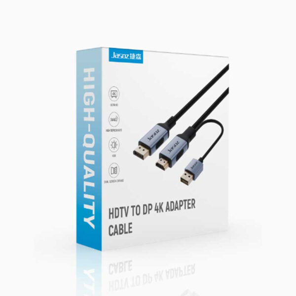 Bao bì hộp sản phẩm Jasoz A140 – Cáp HDMI sang Displayport hỗ trợ 4K@60Hz, 2K@144Hz, FHD@240Hz – dây bện nylon, chip TI149 Mỹ, đầu mạ vàng – SKU Jasoz T-A407 1.5M, Jasoz T-A375 2M