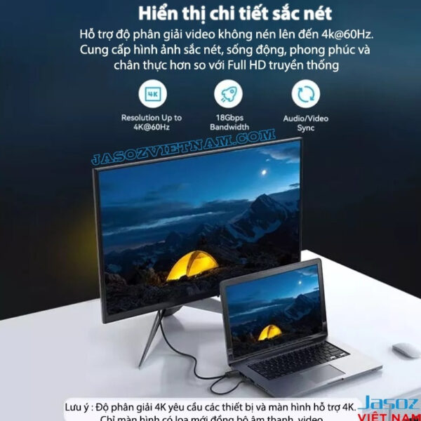 Cáp HDMI sang Displayport Jasoz A140 – hỗ trợ 4K@60Hz, 2K@144Hz, FHD@240Hz, truyền tải hình ảnh sắc nét sống động. SKU Jasoz T-A407 1.5M, Jasoz T-A375 2M – chipset TI149 Mỹ, đầu cáp mạ vàng