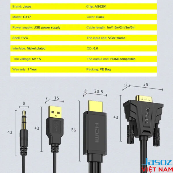 Thông số kỹ thuật Cáp HDMI sang VGA Jasoz G117 có Audio 3.5mm, hỗ trợ nguồn phụ Micro USB, độ phân giải Full HD 1080p@60Hz, đầu mạ vàng