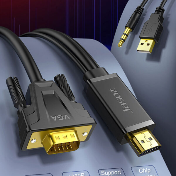 Cáp HDMI sang VGA Jasoz G117 có Audio 3.5mm + Micro USB, hỗ trợ Full HD 1080p@60Hz, đầu mạ vàng, nhiều độ dài 1M-5M