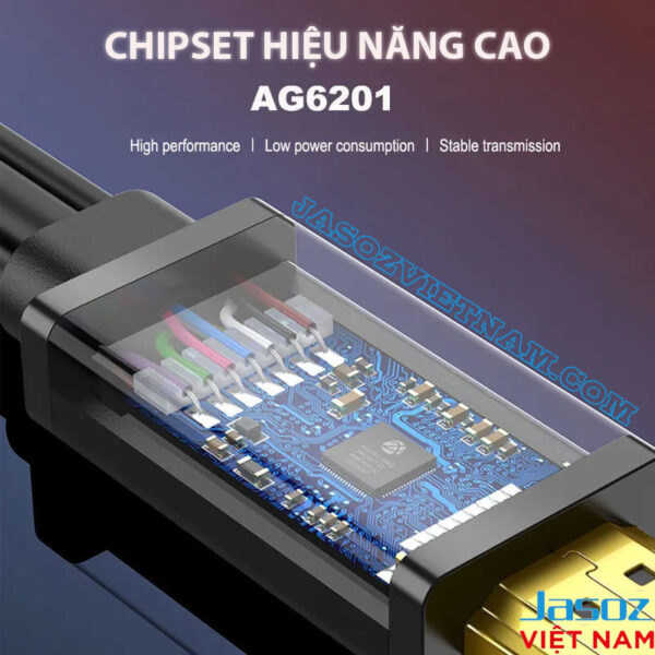 Cáp Chuyển HDMI Sang VGA Male To Male Đầu Cáp Mạ Vàng Jasoz G116 4 Chipset AG6201 trong cáp HDMI sang VGA Jasoz G116 Male to Male (T-G120 1M, T-G121 1.5M, T-G122 2M, T-G123 3M, T-G124 5M) – hiệu suất cao, truyền tín hiệu ổn định, tiêu thụ điện thấp