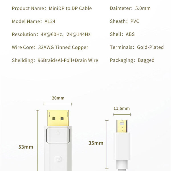 Jasoz A124 – Cáp Mini DisplayPort sang DisplayPort hỗ trợ 2 chiều, thông số kỹ thuật: 4K@60Hz, 2K@144Hz, lõi đồng 32AWG, đầu mạ vàng, vỏ PVC