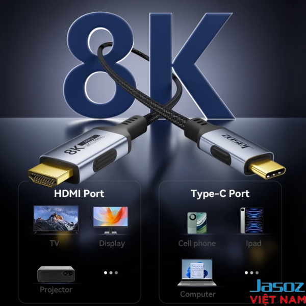 Cáp Chuyển USB-C Sang HDMI Hỗ Trợ 8K@60Hz Vỏ Hợp Kim Nhôm Dây Bện Nylon Jasoz H120 2 Cáp USB-C Sang HDMI 8K Jasoz H120 – Hỗ trợ 8K@60Hz, 4K@240Hz, tương thích TV, projector, laptop, điện thoại