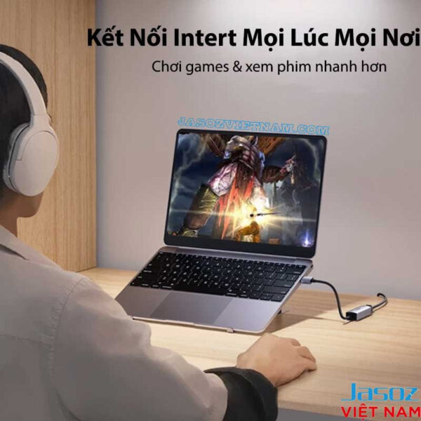 Cáp USB to LAN Jasoz T-F112 hỗ trợ chơi game online, xem phim mượt mà với kết nối mạng dây 1Gbps ổn định