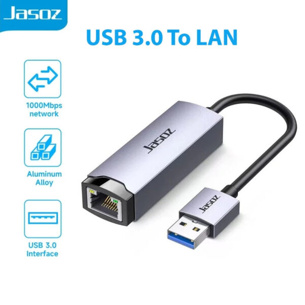 Cáp chuyển USB 3.0 to LAN 1Gbps Jasoz T-F112 vỏ hợp kim nhôm cao cấp, hỗ trợ laptop và PC