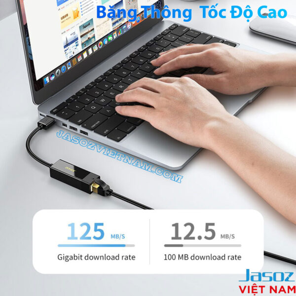 Cáp USB-C to LAN RJ45 Jasoz T-F114 tốc độ Gigabit 1Gbps dùng cho MacBook