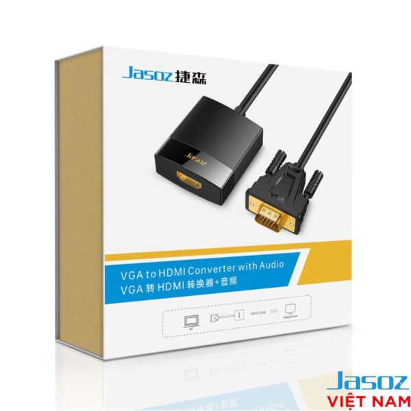 Cáp Chuyển VGA Sang HDMI Male to Female Có Audio Jasoz T-G119 2 Hộp sản phẩm cáp VGA sang HDMI có Audio Jasoz T-G119 chính hãng