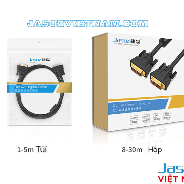 Bao bì cáp DVI 24+1 Jasoz B103 B104 Dual Link – Túi đóng gói 1–5m và hộp đóng gói 8–30m – SKU Jasoz T-B116 1M, T-B117 1.5M, T-B118 3M, T-B119 5M, T-B120 8M, T-B121 10M, T-B122 12M, T-B123 15M, T-B124 20M, T-B125 25M, T-B126 30M.