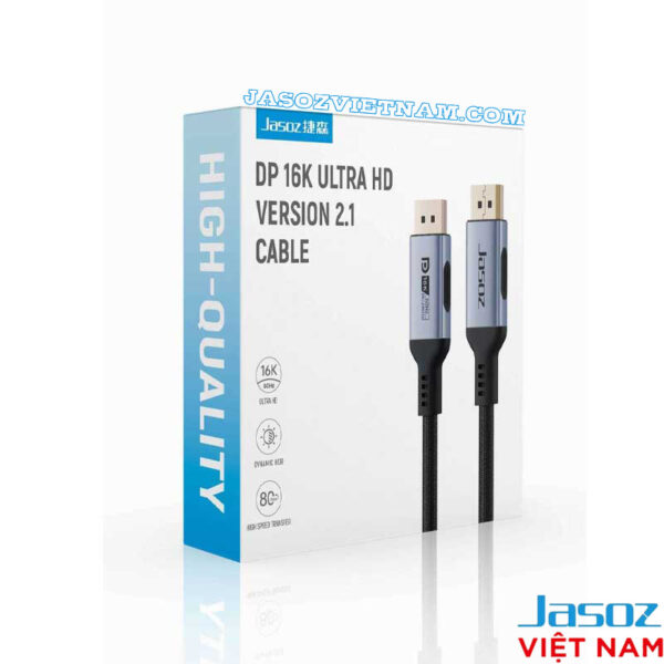 Bao bì hộp sản phẩm Jasoz A141 – Cáp Displayport DP 2.1 bọc dù cao cấp, đầu cáp mạ vàng, hỗ trợ 16K@60Hz, 8K@120Hz, 4K@240Hz, FHD@360Hz – Băng thông 80Gbps – SKU T-A376 1M, T-A408 1.5M, T-A377 2M, T-A378 3M