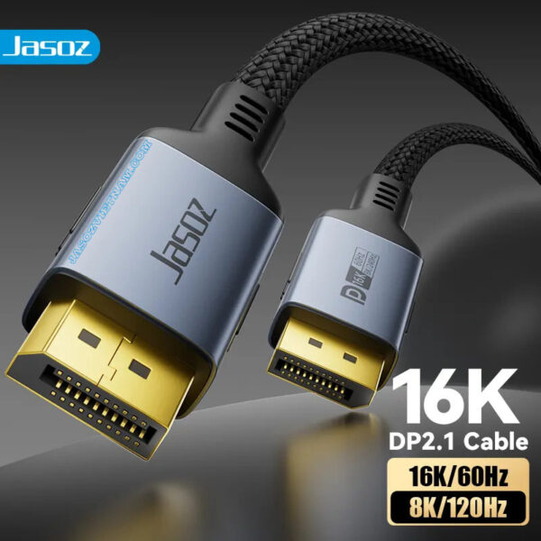 Cáp Displayport Jasoz A141 DP 2.1 bọc dù cao cấp – hỗ trợ 16K@60Hz, 8K@120Hz, 4K@240Hz, FHD@360Hz – Băng thông 80Gbps – Đầu cáp hợp kim nhôm mạ vàng – SKU T-A376, T-A408, T-A377, T-A378