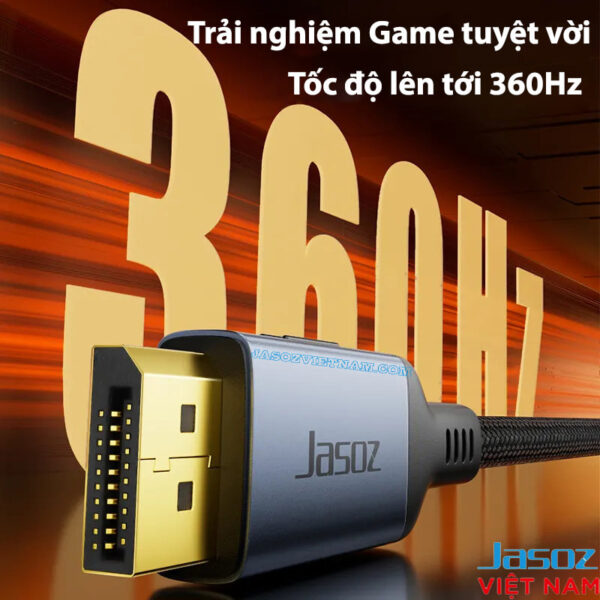 Cáp Displayport Jasoz A141 – Hỗ trợ tần số quét 360Hz – DP2.1 băng thông 80Gbps – Đầu cáp mạ vàng – Bọc dù chống nhiễu EMI – Hình ảnh siêu mượt cho gaming eSports