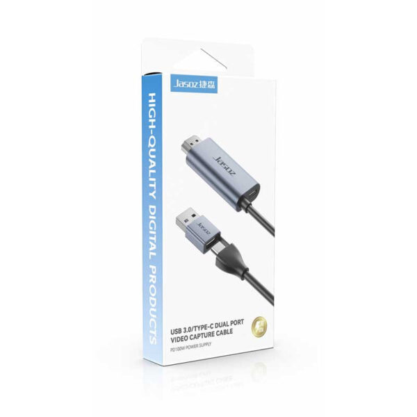 Hộp sản phẩm Jasoz T-G193 – Cáp ghi hình livestream HDMI sang USB-A/Type-C dài 2M, hỗ trợ 4K30Hz input, 1080P60Hz output, PD 100W