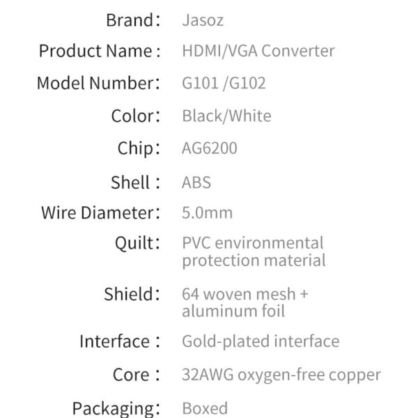 Cáp HDMI To VGA Jasoz T-G102 ( Không Kèm Audio ) 11 Thông số kỹ thuật cáp HDMI to VGA Jasoz chipset AG6200 Full HD