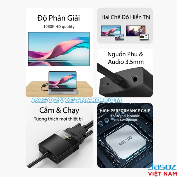 Cáp HDMI To VGA Jasoz T-G102 ( Không Kèm Audio ) 7 Tính năng cáp HDMI sang VGA Jasoz Full HD 1080p, chipset AG6200, hỗ trợ nguồn phụ và audio 3.5mm