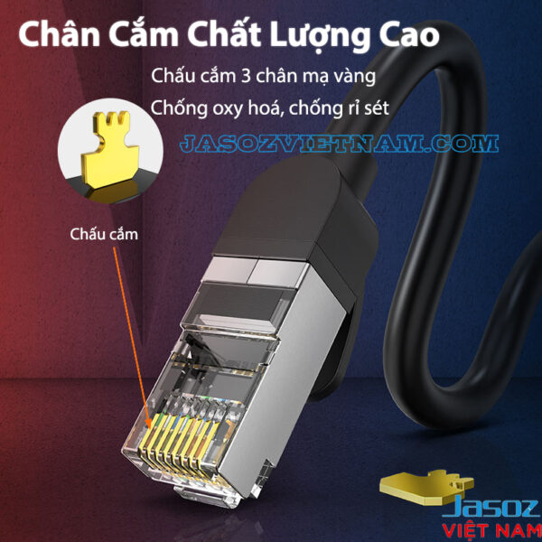 Cáp Mạng CAT7 FTP Đúc Sẵn 2 Đầu Mạ Vàng Bọc Nhôm Jasoz E106 6 Chân cắm 3 chấu mạ vàng cáp mạng CAT6 FTP Jasoz E105 chống oxy hóa, chống rỉ sét – SKU T-E139 0.5M, T-E140 1M, T-E141 1.5M, T-E142 2M, T-E143 3M, T-E144 5M, T-E145 10M, T-E146 15M, T-E147 20M