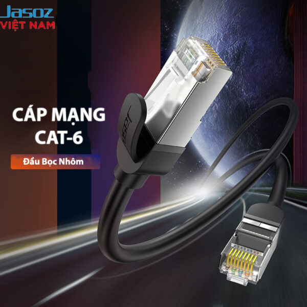 Cáp Mạng Bấm Sẵn 2 Đầu CAT6 FTP Đầu Kết Nối Mạ Vàng Bọc Nhôm Jasoz E105 1 Cáp mạng CAT6 FTP Jasoz E105 đầu bọc nhôm chống nhiễu, chân cắm mạ vàng – SKU T-E139 0.5M, T-E140 1M, T-E141 1.5M, T-E142 2M, T-E143 3M, T-E144 5M, T-E145 10M, T-E146 15M, T-E147 20M