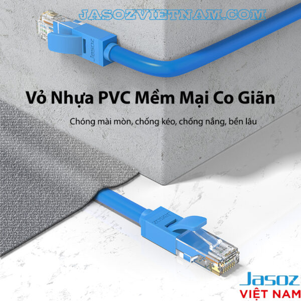 Cáp Mạng CAT 6 Bấm Sẵn 2 Đầu Jasoz E102 5 Cáp mạng Cat 6 Jasoz E102, vỏ nhựa PVC xanh mềm mại co giãn, chống mài mòn, chống kéo, chịu nắng bền lâu. SKU: T-E112 0.5M, T-E113 1M, T-E114 1.5M, T-E115 2M, T-E116 3M, T-E117 5M, T-E118 10M, T-E119 15M, T-E120 20M, T-E272 25M, T-E273 30M.