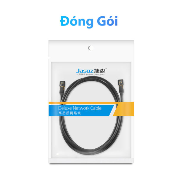 Cáp Mạng CAT7 FTP Đúc Sẵn 2 Đầu Mạ Vàng Bọc Nhôm Jasoz E106 8 Đóng gói cáp mạng CAT7 FTP Jasoz E106 – Dây mạng đúc sẵn chống nhiễu, đầu bọc nhôm mạ vàng – SKU T-E184 0.5M, T-E185 1M, T-E186 1.5M, T-E187 2M, T-E188 3M, T-E189 5M, T-E190 10M, T-E191 15M, T-E182 20M