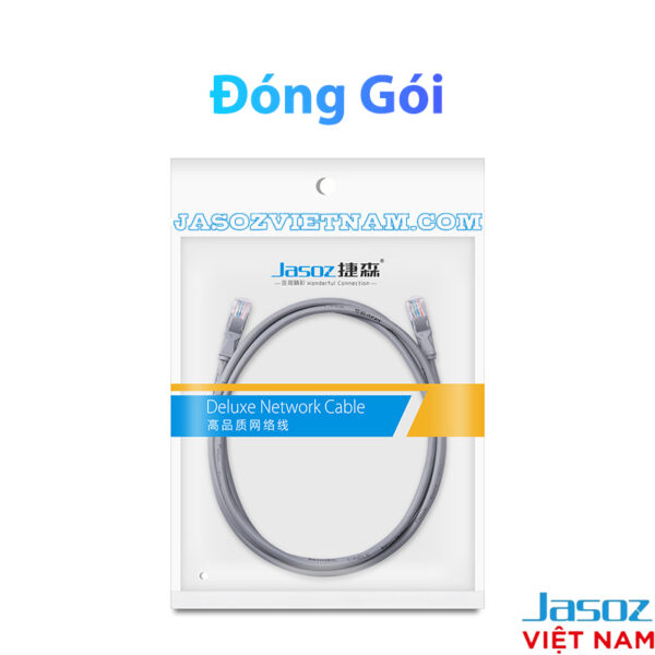 Dây Cáp Mạng Cat 5E Bấm Sẵn 2 Đầu Jasoz E120 13 Đóng gói dây cáp mạng Cat 5E Jasoz E103 đúc sẵn 2 đầu RJ45, lõi đồng 28AWG, đầu mạ vàng 1U. SKU: T-E122 1M, T-E123 1.5M, T-E124 2M, T-E125 3M, T-E126 5M, T-E127 10M, T-E128 15M, T-E129 20M.