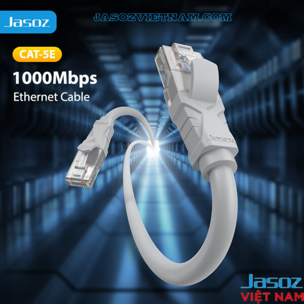 Dây cáp mạng Cat 5E Jasoz E103 đúc sẵn 2 đầu RJ45, hỗ trợ tốc độ Gigabit 1000Mbps, truyền tải ổn định. SKU: T-E122 1M, T-E123 1.5M, T-E124 2M, T-E125 3M, T-E126 5M, T-E127 10M, T-E128 15M, T-E129 20M.
