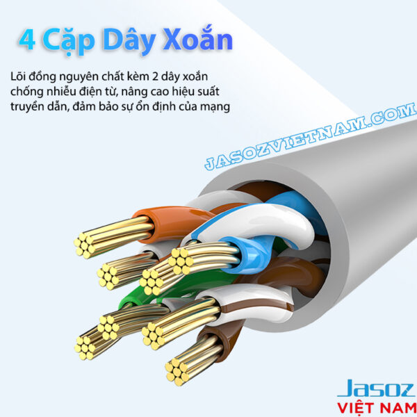 Dây Cáp Mạng Cat 5E Bấm Sẵn 2 Đầu Jasoz E120 6 Dây cáp mạng Cat 5E Jasoz E103, cấu tạo 4 cặp dây xoắn lõi đồng nguyên chất, chống nhiễu điện từ, truyền dẫn ổn định. SKU: T-E122 1M, T-E123 1.5M, T-E124 2M, T-E125 3M, T-E126 5M, T-E127 10M, T-E128 15M, T-E129 20M.